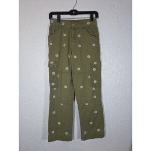 Forever 21 Pants Green Hi Rise Cargo Wide Leg Flat Front Embroidered Small